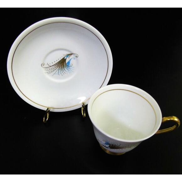 1950's Windsor Caribbean TEA CUP & SAUCER Mid Century Gold Blue Feathers England - Picture 3 of 10
